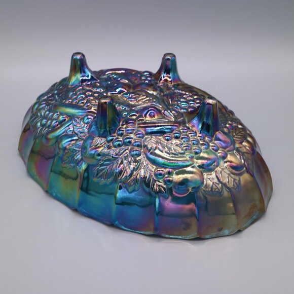 Indiana Harvest Grape Fruit Bowl Footed Blue Carnival Glass Embossed Fruit - Picture 7 of 7